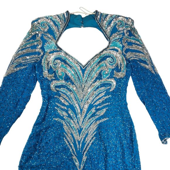 Vintage Alyce Designs Blue Sequin Gown With Beaded Patterns Long Sleeves & Front - Picture 1 of 11